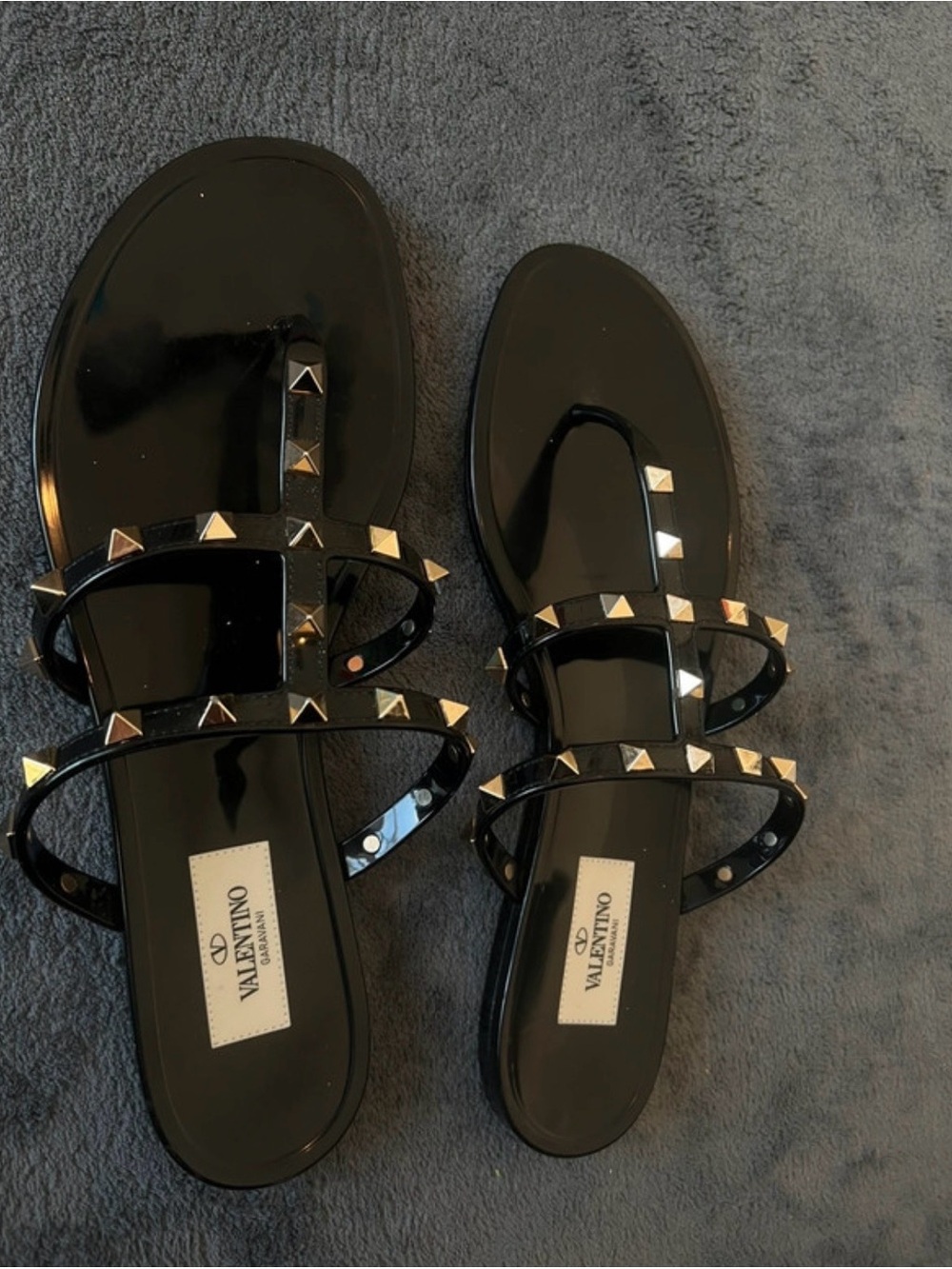Valentino Black Patent Rockstud Triple-Strap Slide Sandals